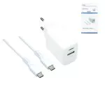 USB PD/QC 3.0 įkrovimo adapteris su C-C kabeliu, baltos spalvos, 20 W, 3,6 V~5,9 V/3 A; 6~9 V/2 A; 9 V~12 V/1,5 A